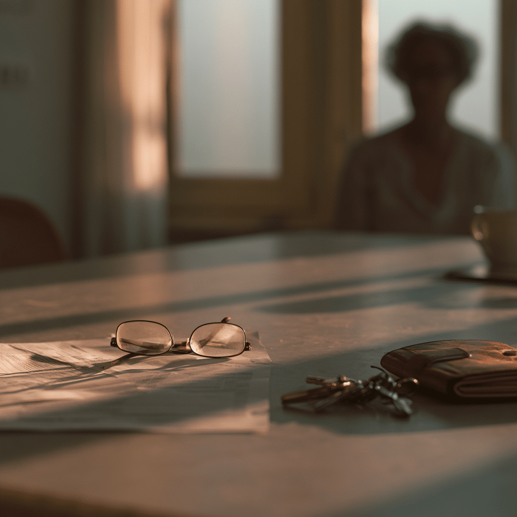 Financiële uitbuiting van ouderen Oudere vrouw staat onscherp bij het raam, met bankafschriften, bril, portemonnee en sleutelbos op een keukentafel.
